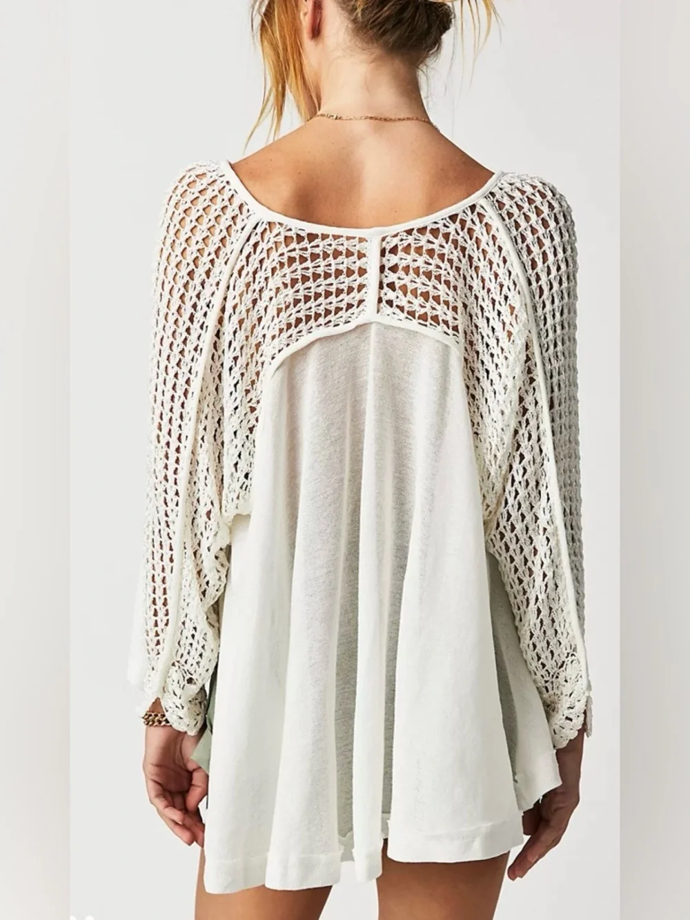 Free People Ivory Crochet-Sleeve Flowy V-Neck Tunic